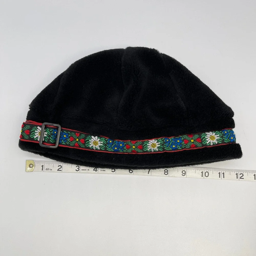 Polar Mitts Fleece Hat OS Black Faux Fur Floral Edelweiss Nordic Après Ski Lodge
